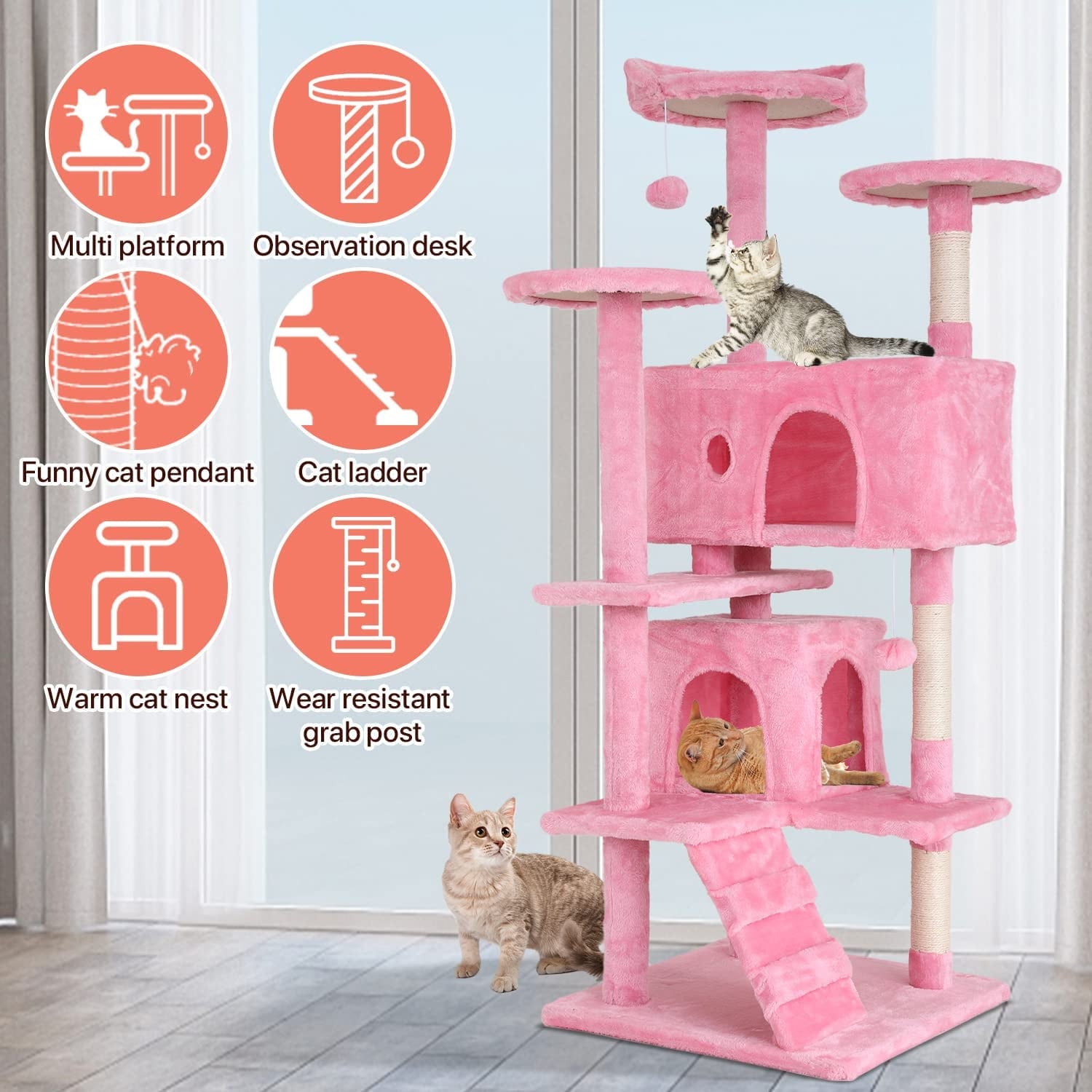 54-In Double Condo Cat Tree Tower Playhouse with Scratching Post & Perch for Indoor, Pink