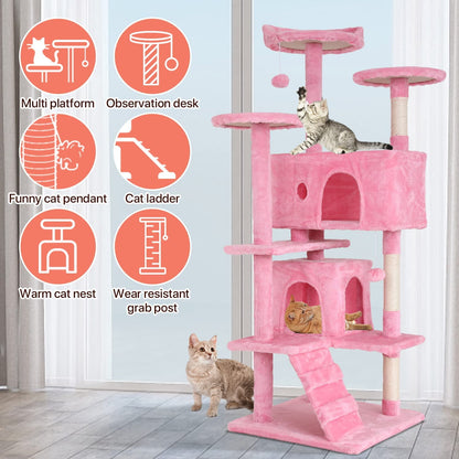 54-In Double Condo Cat Tree Tower Playhouse with Scratching Post & Perch for Indoor, Pink
